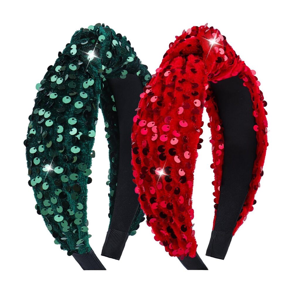 4661 Christmas Sparkly Knotted Headbands Girls Sequin Wide Headband Velvet